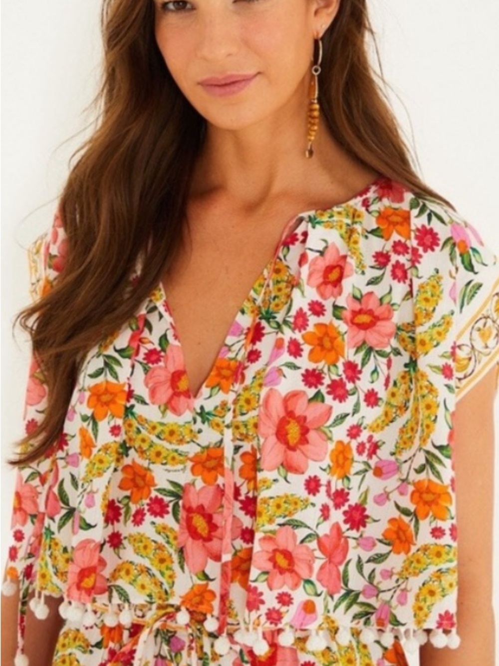 FARM Rio White Floral V-Neck Top with Pink & Orange Blooms